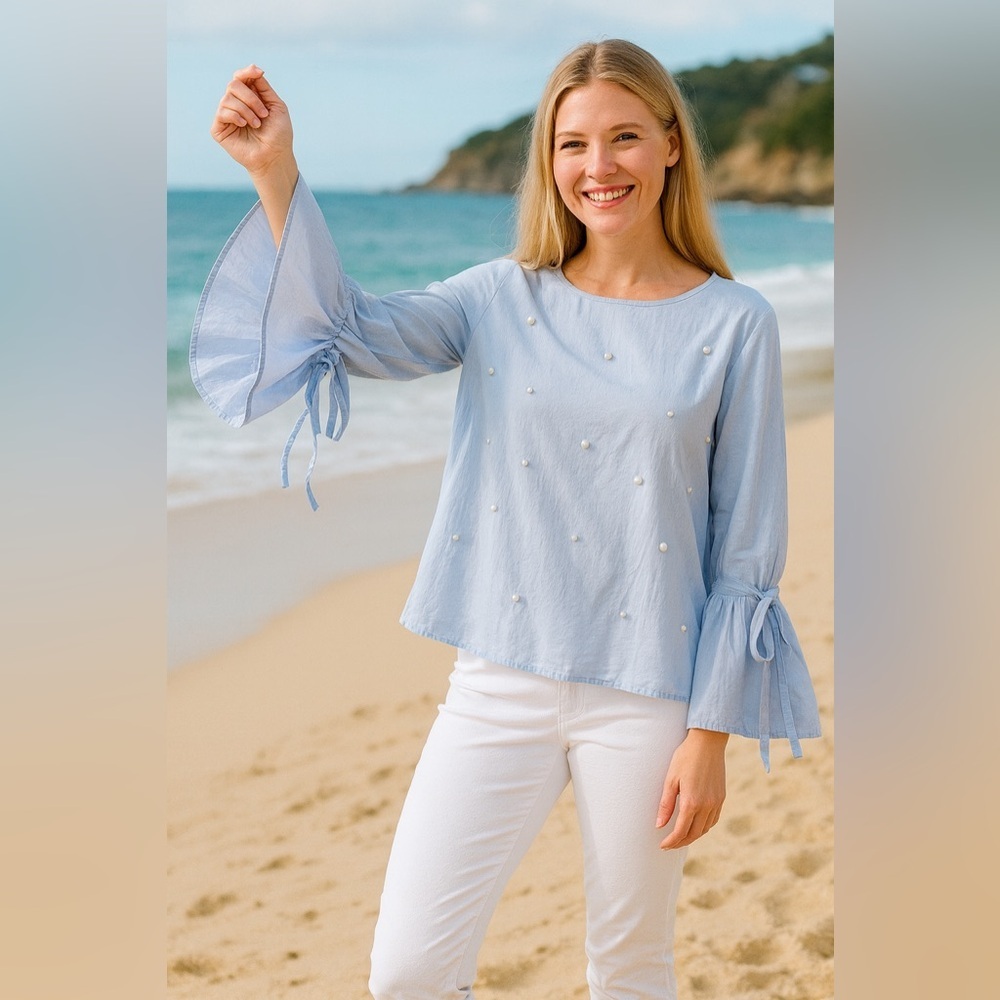 Boho Sz 1X Light Blue Cotton Blouse Pearl Accents Tie Bell Sleeve Back Cutout